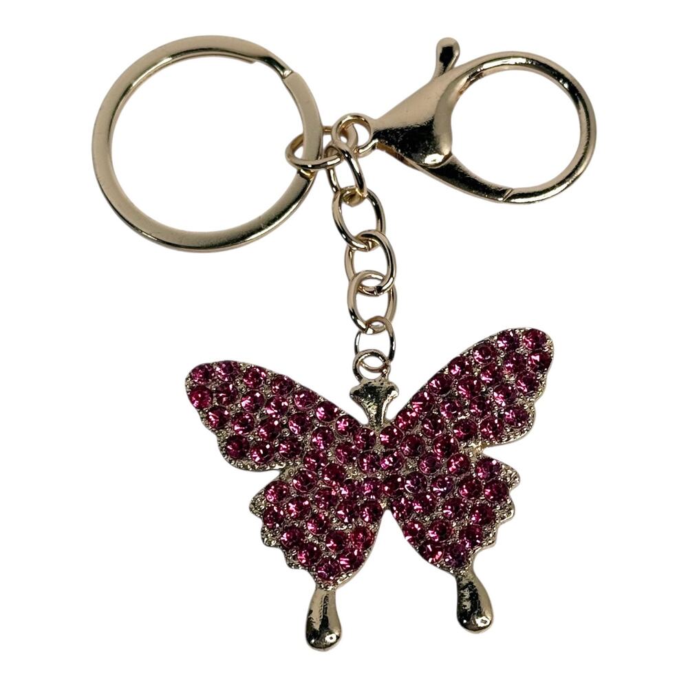 Mint Rhinestone Butterfly Bag Charm Pink Crystal Key Chain Ring Backpack Purse